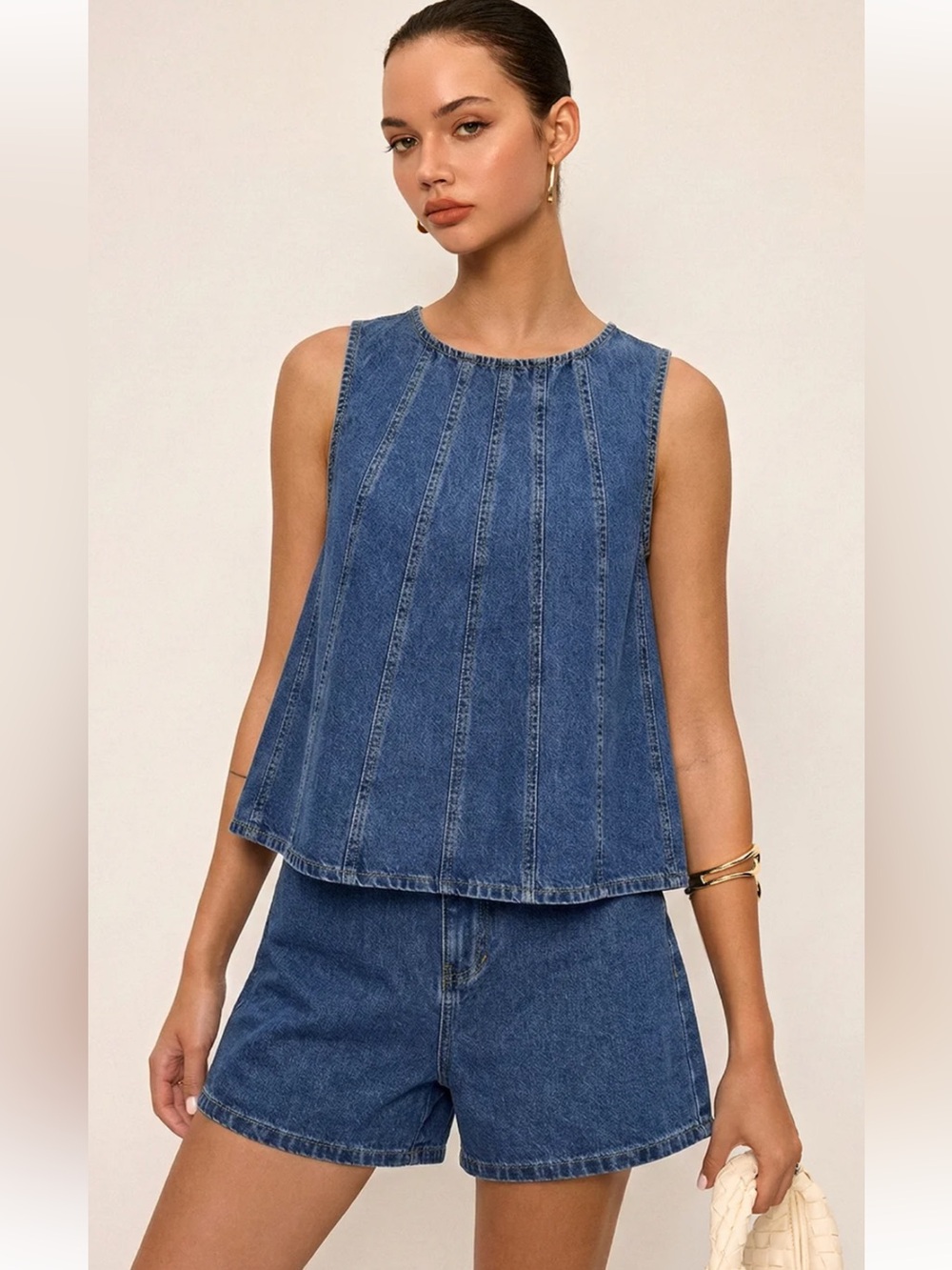Tie-Back Denim Sleeveless Top & Shorts Set